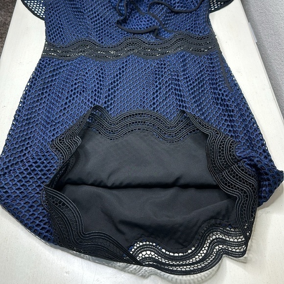 Saylor Luca Mini Dress Drop One Shoulder Navy Blue Mesh size Medium - Picture 11 of 16